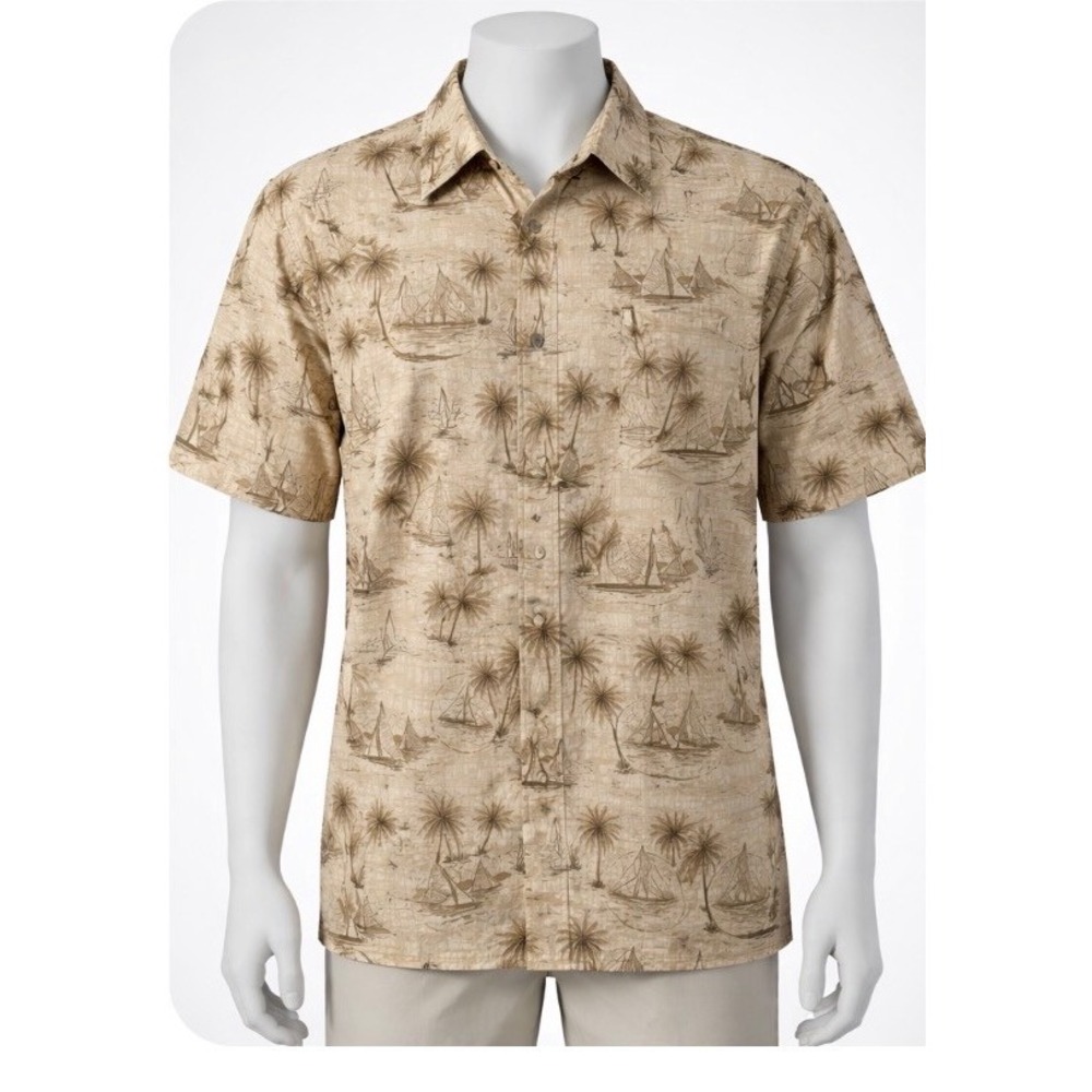 Mens Tropical Palm Tree Sailboat Hawaiian Shirt Tan Short Sleeve Button Up Top